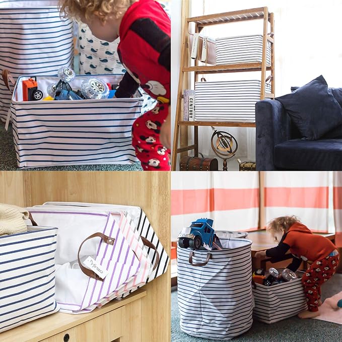 Hinwo 4-Pack Large Canvas Fabric Storage Baskets with Handles, 31L Rectangle Storage Bins, Collapsible Storage Box, Clothes, Toys, Blankets Organizers, 16.5 x 11.8 x 9.8 inches, (Navy Blue Stripe) - Image 3