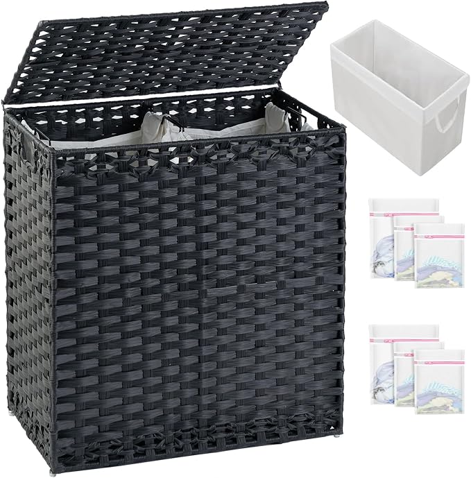 SETVSON Laundry Hamper with Lid Wicker Laundry Basket 112L, Black | Decorative PE Rattan Furniture Look for Bedroom, Large Sorting Hamper with Lid, 3 Liners, 6 Mesh Bags, Steel Frame by SETVSON