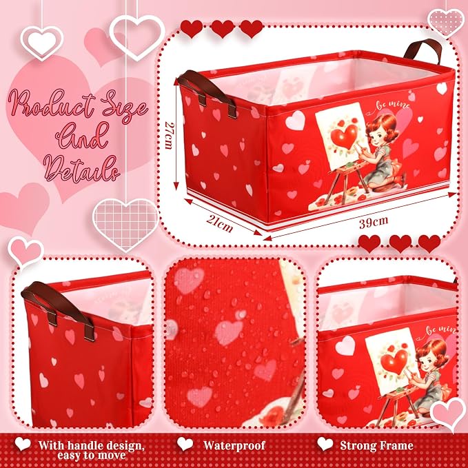 CHENGU 6 Pack Valentine's Day Storage Basket Vintage Valentine's Day Basket for Gift Collapsible Red Heart Holiday Decor Retro Large Bin Foldable Waterproof Box with Handle for Bedroom Laundry Nursery - Image 3