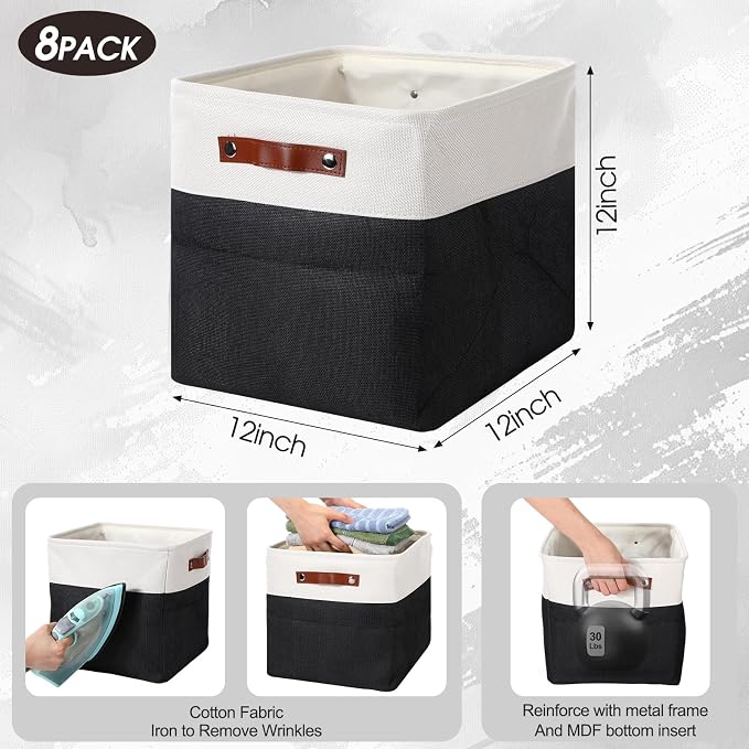 Uiifan 8 Pack 12 x 12 x 12 Inch Large Storage Baskets Collapsible Fabric Storage Cubes Bins with Handles for Shelves Closets Nursery Home Clothes Toys Organizers, Black - Image 3