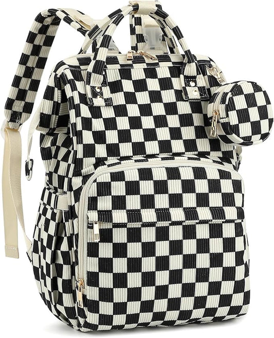 Corduroy Diaper Bag Backpack, Large Capacity Multifunction Baby Diaper Bags for Women, Insulated Bottle Pockets & Pacifier Case, Stylish Travel Nappy Changing Bags for Mom Dad (Checkered Black) by Unknown