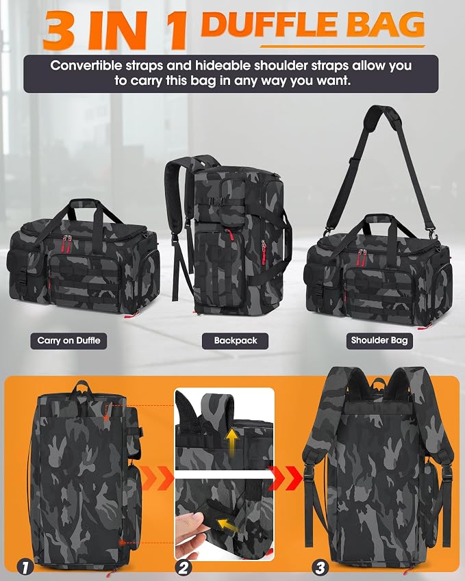 RAINSMORE Gym Bag for Men, 45L Sports Travel Duffel Bag with Shoe & Laptop Compartment, Gym Workout Backpack Carry On Weekender Bag Overnight Backpack for Travel, Black Camo - Image 2