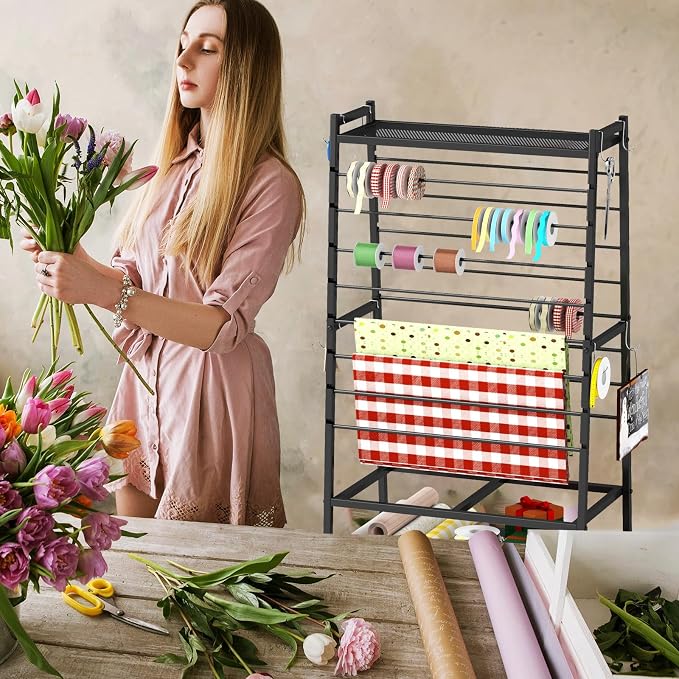 lukar Ribbon Holder, Rolling Ribbon Storage Organizer Rack for Craft Room | 16 Tier Metal Ribbon Holder Organizer Rack, Christmas Ribbon Storage Rack for Home Flower Shops - Image 6