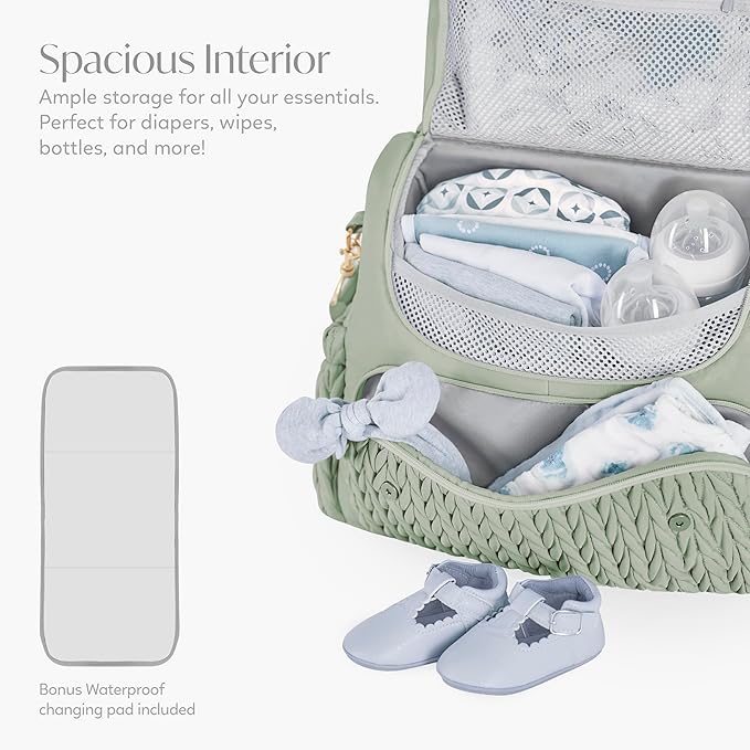 Hannah & Sophia Belle Convertible Baby Diaper Backpack & Bag in Sage Green, Large Size, Dual Sided Water Resistant Changing Mat Included, Detachable Shoulder Straps, Easy To Use | Waterproof Changing Pad, Spacious, Multiple Pockets & Insulated Bottle H... - Image 4