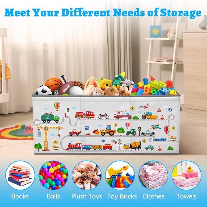 Large Toy Box Collapsible Chest Organizer with Flip Lid for Kids | Oxford Storage Box with Handle for Boy Girl Sturdy Waterproof Organizing Decor for Bedroom Playroom Nursery 37.7×12.5×15.7'' - Image 4