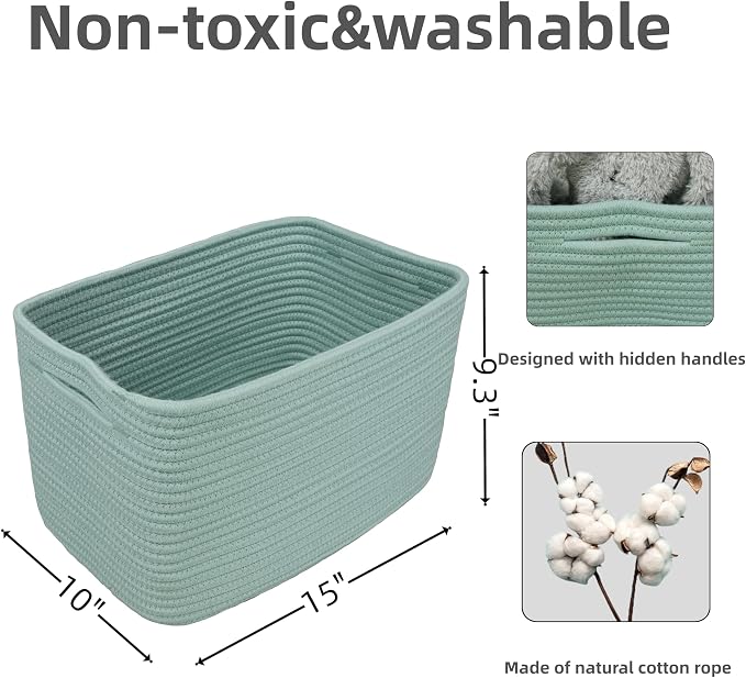XUANGUO Woven Cotton Rope Storage Baskets 15x10x9.3" 3 Pack Green | Decorative rectangular storage baskets for shelves and closets; storage bins organize clothes, toys, books and nursery items. - Image 2