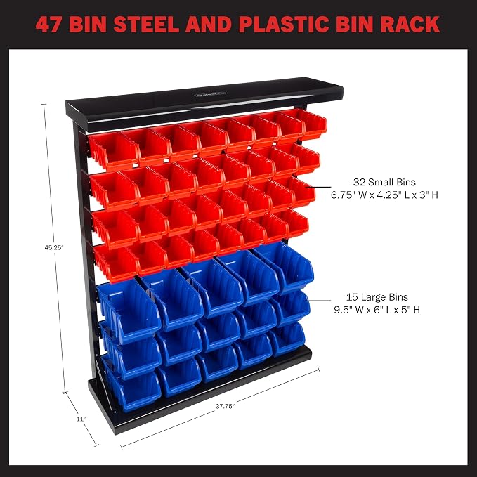 47-Bin Garage Organization Rack (15 Large, 32 Small) - Tabletop or Wall Mount Steel Rack with Removable Stackable Garage Storage Bins, Small Parts Organizer for Hardware or Office Supplies by Stalwart - Image 3
