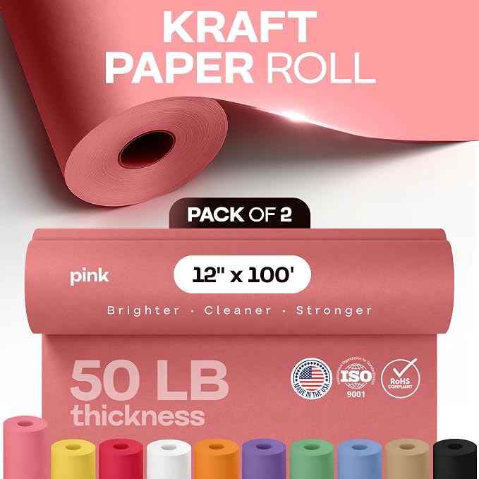 12" x 1200" (100 ft) Pink Kraft Paper Roll, Pack of 2 - USA-Made Quality Craft Paper for Gift Wrapping, Kids' Arts & Crafts, School Projects - 100% Recycled, 50 lb Natural Material by IDL Packaging - Image 4