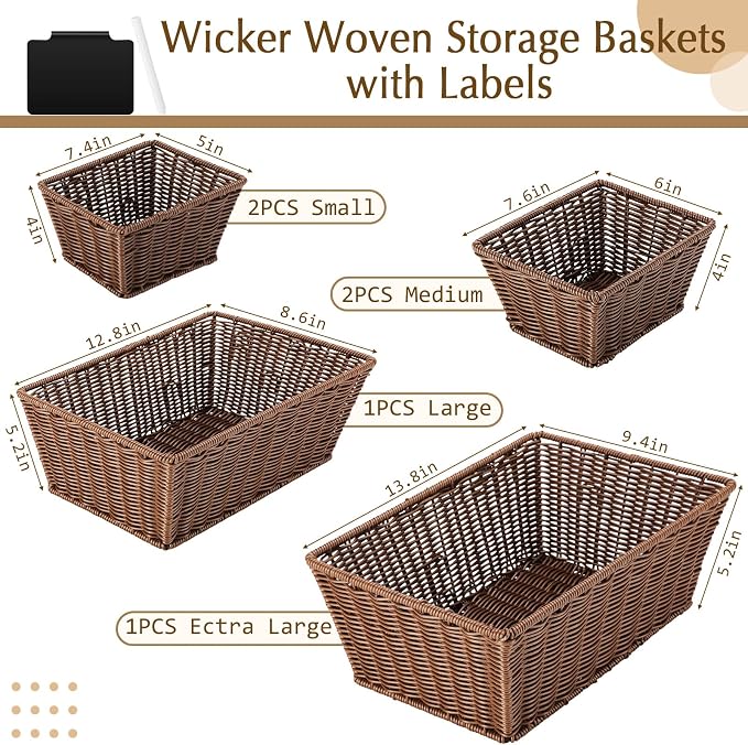 Marsui 6 Pcs Wicker Storage Baskets for Pantry Organization with Labels Handwoven Multi-size Brown Wicker Storage Bins for Organizing Small Baskets Container for Shelves Closet Toilet - Image 2