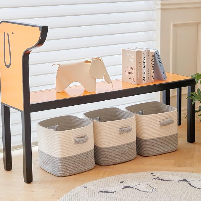 R RUNKA Storage Cube Baskets for Organizing- 3 Pack- 11 inch Square Baskets for Cube Storage, Closet Storage Bins- Woven Cube Storage Bins for Shelves- Ideal for Toy Storage |White & Grey - Image 6