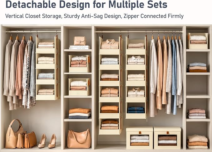 DIMJ Hanging Closet Organizer - 3-Tier Modular Hanging Shelves with Zippers Hooks, Collapsible Baskets for RV, Dorm, Small Spaces, Fabric Storage Bins for Clothes, Handbags - Image 3