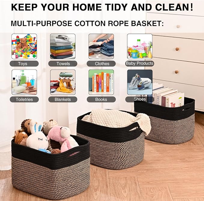 Storage Baskets for Organizing Shelves, Woven Cotton Rope Bins for Organization, Dog Toy Organizer for Shelf Living Room Bedroom, 14.8"×11"×9.5", Pack of 3, Black & Jute - Image 4