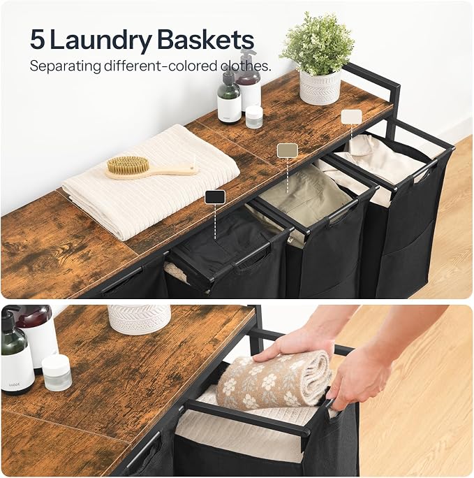 HOOBRO Laundry Sorter 5 Sections, Laundry Hamper with Wheels, 5 × 10.5 Gallon (40 L), Rolling Laundry Basket, Pull-Out and Removable Oxford Fabric Bags, Rustic Brown and Black BF07XY01 - Image 4