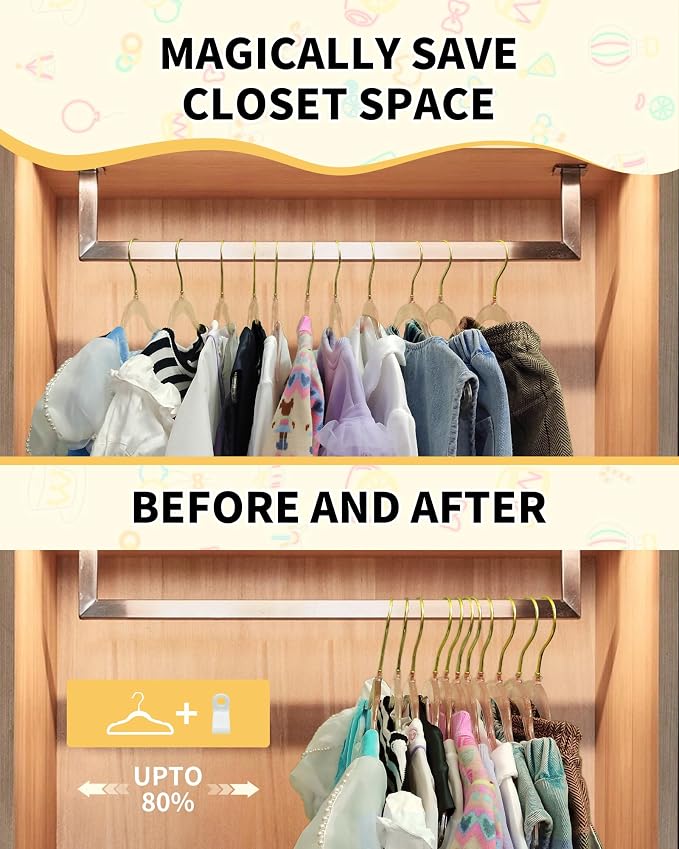 50pcs Slim Clear Toddler Hangers with 10 Connector Hooks for Kid's Closet | Swivel Golden Sparkling Baby Clothes Hangers with Gold Glitter for Infant Coat Outfit, Perchas for Children Boy Gril Nursery - Image 5