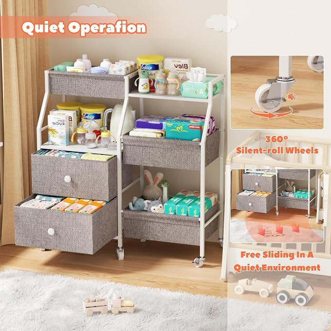 DTK Baby Diaper Caddy Organizer, 3 Tier Rolling Diaper Cart with Dividers and Drawers, Mobile Utility Baby Storage Cart with Wheels, Baby Newborn Essentials for Nursery, Bedroom, Charging Table，Crib - Image 4