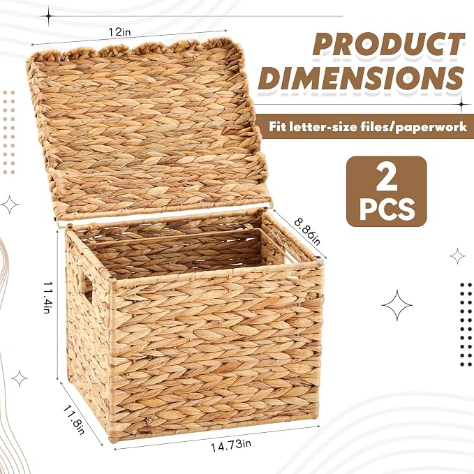 Jingmore 2 Pack Water Hyacinth File Storage Box with Scalloped Lid Collapsible Letter Size Hanging Filing Organizer Basket for Home, Woven Decorative Document Storage Box - Image 2