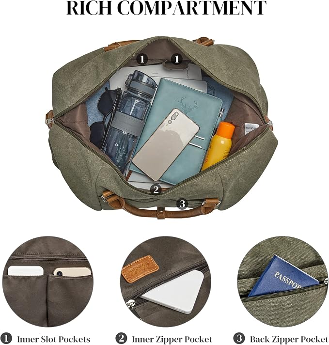 S-ZONE Weekender Bags for Women and Men Travel Duffel Bags with Shoe Compartment Overnight Carry on Duffle Tote Bag | Soft Canvas and Leather Trim, with Toiletries Bag,Carry-on Size,Trolley Sleeve,Adjustable Shoulder Strap,Shoe Compartment - Image 6