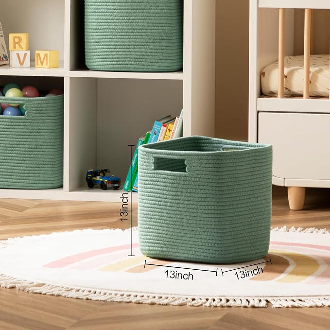 Dreamcountry 13x13 Cube Storage Bins, Storage Cubes with Handles, 4 Pack Cotton Rope Basket for Shelves, Cube Storage Organizer forToys, Book, Clothes, Home, Office, Nursery, Green - Image 2