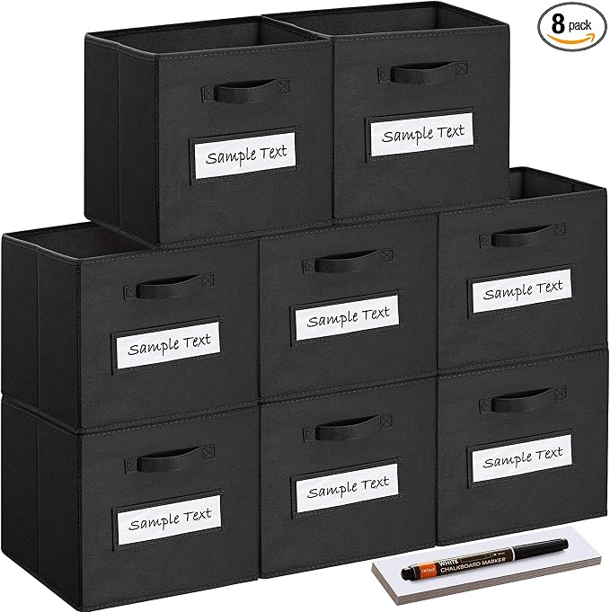 13x13x13 storage cube bins(Set of 8) Fabric storage cubes with 8 Labels Window Cards & a Pen,storage cubes 13x13,storage bin,Collapsible 13 inch cube storage bins,Cubby Organizer Boxes,Black by Artsdi
