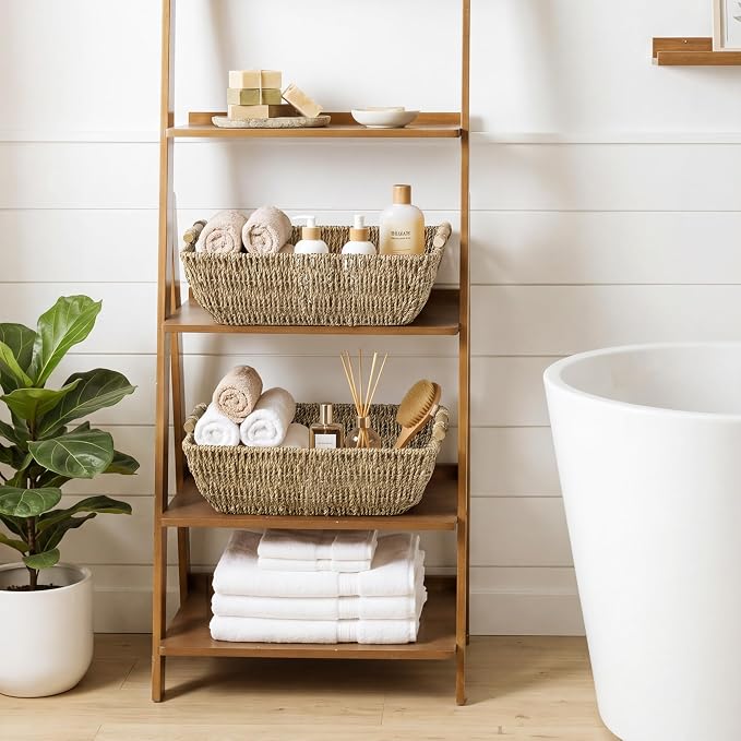 StorageWorks Hand-Woven Jumbo Storage Baskets with Wooden Handles, Seagrass Wicker Baskets for Organizing, 2-Pack | Wicker Storage Baskets for Shelves, Baskets with Wooden Handles, 2-Pack Gifts Basket for Home Decor, Hand-Woven Basket - Image 2