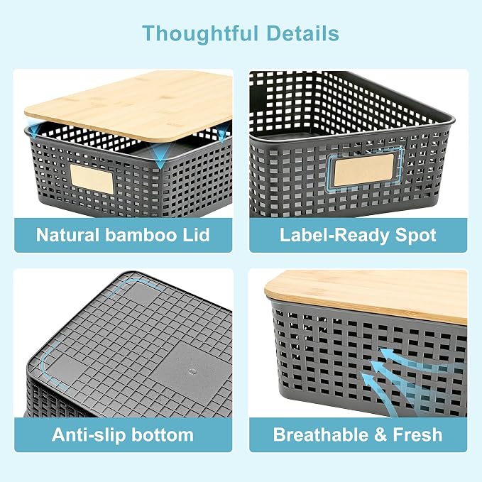 4 Pack Plastic Storage Bins with Bamboo Lids, 6.2qt Stackable Storage Organizer Box with Lable for Pantry Shelves Drawers Desktop Office, 12"L x 8.3"W x 3.5"H, Gray - Image 8