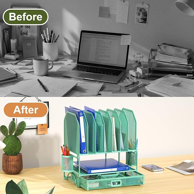 FANXIYQ Metal Desk Organizer with Sliding Drawer, 7-Section File Organizer for Desk, Desktop File Folder & Paper Organizer with 2 Hanging Pen Holders, Office Supplies Organizer, Green - Image 3