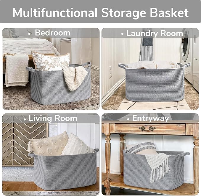 Goodpick Large Woven Rope Blanket Basket, Rectangle, Gray, 75L | 21.6'' x 14.9'' x 11.8'' Storage Basket for Toys, Blankets & Towels, Living Room & Nursery Organization, Reinforced Handles - Image 4