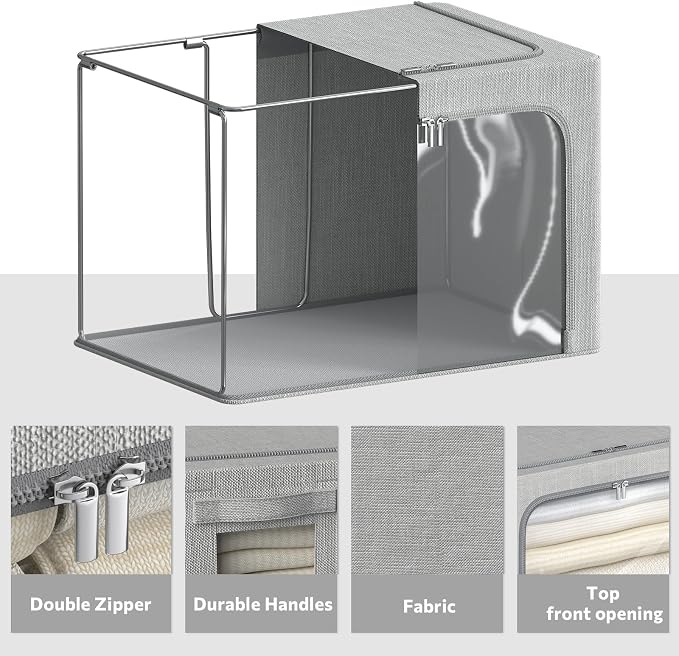CYhom 4 Pack Clothes Storage Bins with Metal Frame - Linen Fabric Foldable Stackable Container Organizer Set with Clear Window & Carry Handles & Zippers (Light Grey, 23.6"x16.5"x15.7") - Image 5