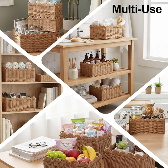 3 Pcs Wicker Baskets for Organizing,Scalloped Baskets, Hand-woven Wicker Storage Cubes, Paper Rope Shelf Baskets for Organizing and Decoration,Brown Basket - Image 3