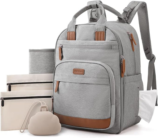 mommore Baby Diaper Bag with Waterproof Changing Pad, Light Gray | Backpack Bottle Holders Insulated & Pacifier Case, 2 Organizer Pouches by mommore
