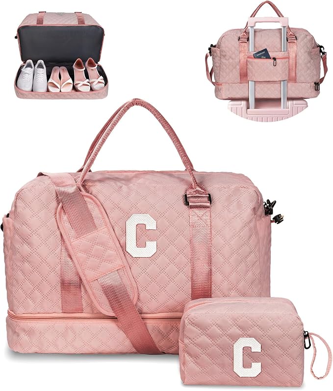 Birthday Gifts-for Women-Initial Duffle Bag with Shoe Compartment | Personalized Weekender Bag, Monogram Overnight Bags, Letter Travel Bags with Makeup bag，Friend Wife Birthday Gift (Letter C) by Vogewood