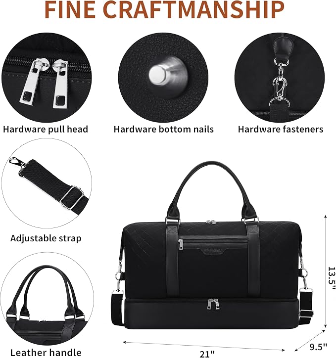 Oeihuivt Weekender Bags for Women - 21 Inch Large Travel Duffel Bag 3-Piece Set with Shoe Compartment, Heavy-Duty Canvas & Leather Carry On Overnight Tote (Airplane Approved) - Image 6