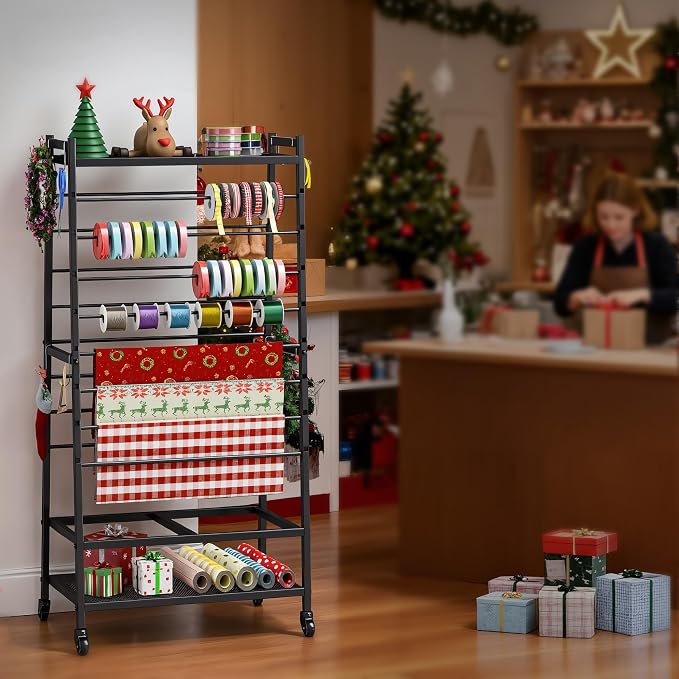 Ribbon Organizer for Craft Room, Rolling Ribbon Holder Black | Double-Sided Ribbon Holder Organizer Rack, Metal Craft Christmas Gift Wrapping Paper Holder, Large Ribbon Storage Rack - Image 9