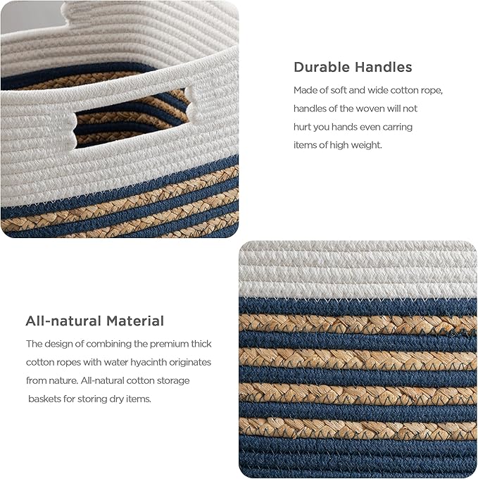 UBBCARE Set of 3 Storage Cubes 13 X 13 X 13 in, Water Hyacinth Storage Bins for shelves, Book, Storage Baskets with Handles, Cotton Rope Woven Baskets for Organizing, Blue - Image 3