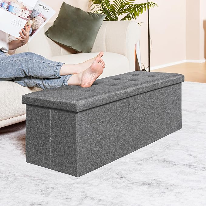 PINPLUS Folding Storage Ottoman Bench, Grey Linen Long Ottoman Chest Foot Rest Stool with Padded Seat, Chest with Cover, Bedroom Bench with Storage, 43.3inches - Image 4