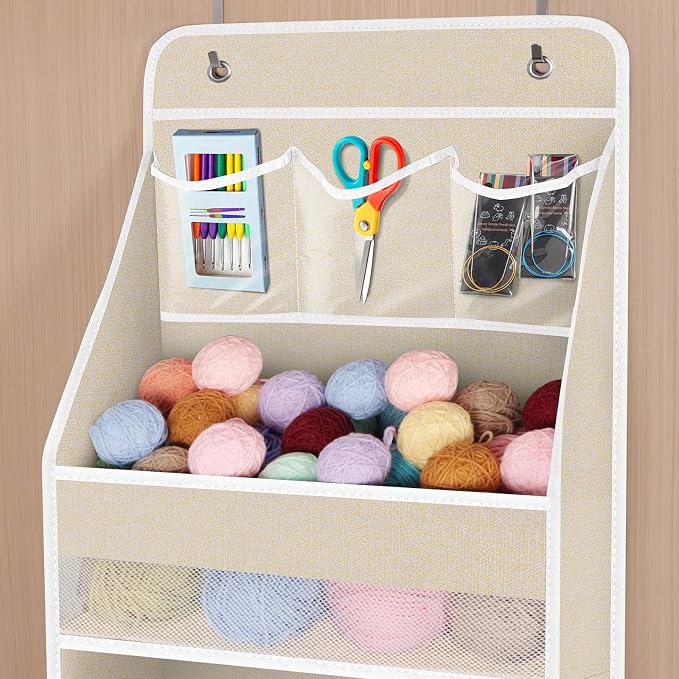 Univivi Over the Door Organizer for Baby Nursery, Beige Pattern, 5-Shelf | Door Storage with Large Capacity Breathable Mesh Pockets, Fabric Over Door Organizer for Baby Essential, Bedroom and Dorm - Image 4