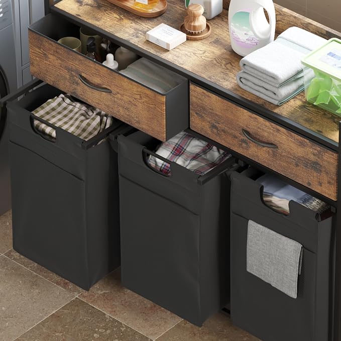Mondeer 150L Laundry Sorter 3 Section with 3 Bags 4 Wheels 2 Drawers | 50L x 3 Pull-Out Laundry Hamper Baskets Removable for Laundry Room Bathroom, Rustic Brown and Black - Image 6