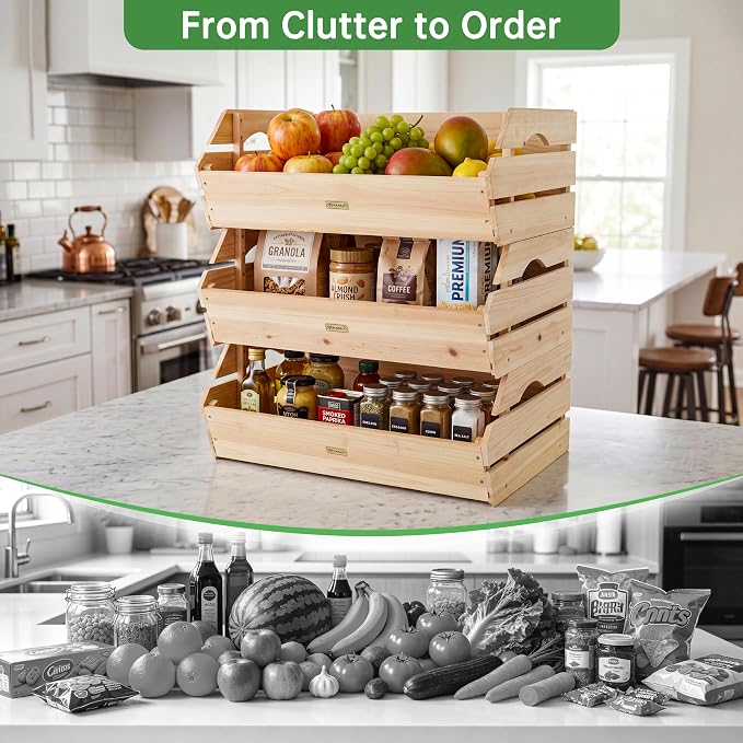 HABAU Stackable Wooden Storage Crates, Rustic Farmhouse Wood Bins with Handles, Decorative Home Organizer for Produce, Potatoes, Onions, Snacks, 3 Pack - Image 2
