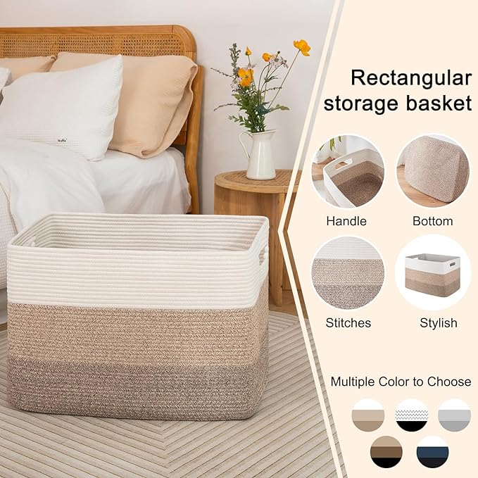 OIAHOMY 108L Large Cotton Rope Basket, Rectangle Woven Baskets for Storage, Nursery Blanket Storage Living Room, Toy Basket With Handle-25”x16”x16”-Gradient Yellow (Pack of 2) - Image 5