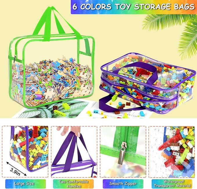 6 Packs Large Toy Storage Bags with Labels, Reusable Clear PVC Board Game Storage, Travel Waterproof Organizer Bags with Zipper for Building Blocks, Puzzle, Kids Books（6 Colors） - Image 3