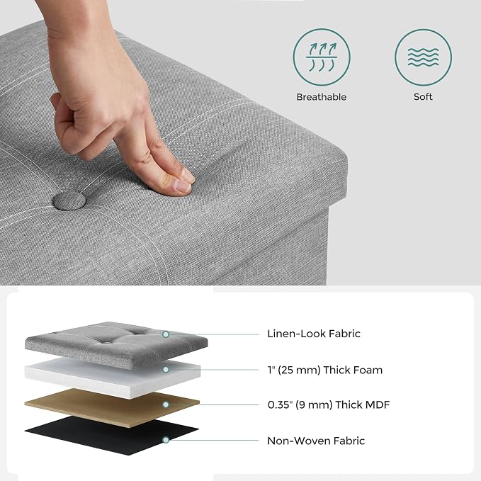 SONGMICS MAZIE Collection - 43 Inches Ottoman Storage Bench, 35 Gal. Folding Chest with Breathable Linen-Look Fabric, Load up to 660 lb, for Entryway, Living Room, Bedroom, Light Gray ULSF077G05 - Image 7