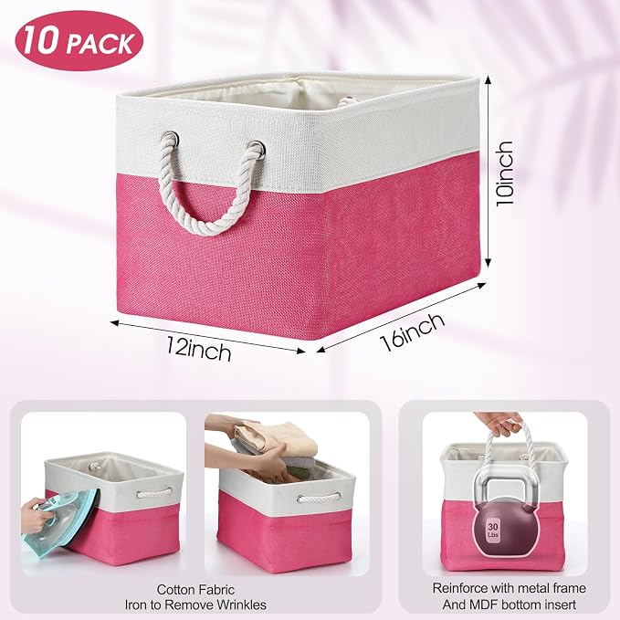 FoldTier 10 Pack Large Collapsible Fabric Storage Baskets with Handles Decorative Storage Bins for Organizing Shelves Toys Clothes (Rose & White,16 x 12 x 10 Inches) - Image 2