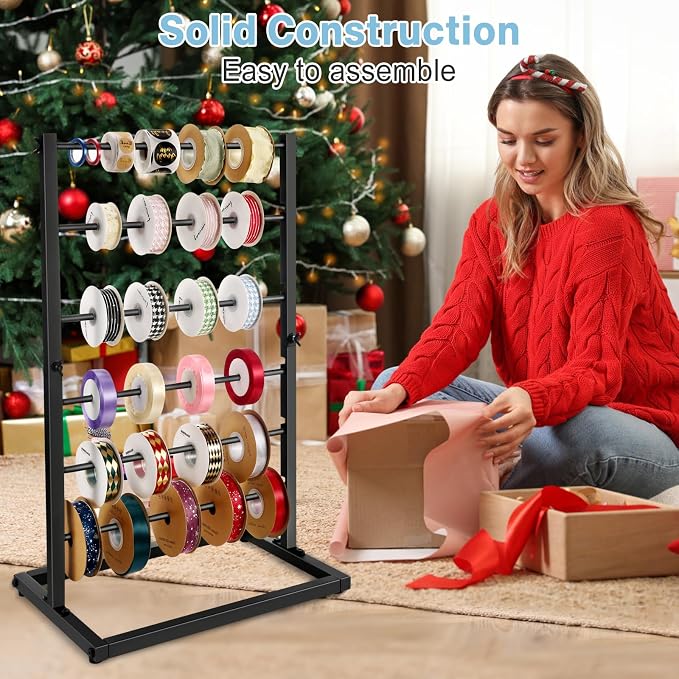 Aulin 6 Tier Large Capacity Ribbon Storage Organizer Rack (Black) | Metal Ribbon Spool Holder：It comes with six standard-thickness rods and three thinner rods. - Image 4
