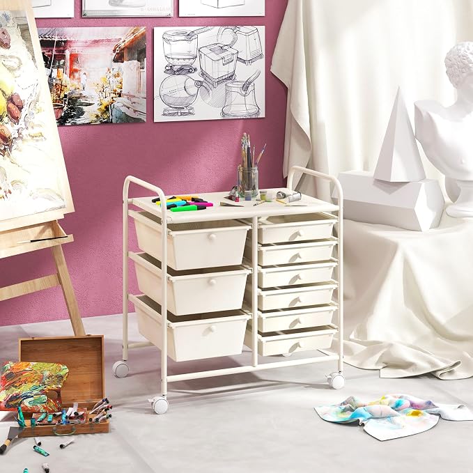 RELAX4LIFE 9 Drawer Rolling Storage Cart - Mobile Drawer Carts for Craft Art Supply Paper Salon, Utility Cart on Wheels for Classroom Teacher School Office, Rolling Cart with Drawers (Ivory White) - Image 2