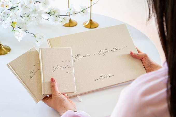 Personalized Wedding Book Set with Guestbook Vow Books (Design 1) - Custom Large 11.5 x 8.5 Guest Signin Book, 5.75 x 4 Vow Books for Marriage Ceremony Reception, Gift for Newly Engaged Couple, Cream - Image 6