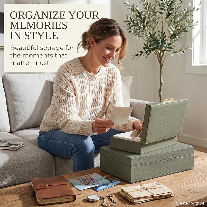 Decorative Storage Boxes with Lids - Set of 2 PU Leather Organizer Bins | Beautiful Bins for Your Bookshelf Home Decor - Safely Store Photos, Documents and Memory Box Keepsakes in Style - Image 5