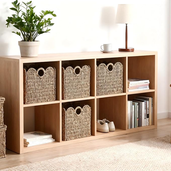 Scalloped Wicker Storage Cubes Basket, 12”x12“ Heavy Duty Paper rope/Hyacinth/Seagrass Baskets for Shelves, Foldable Natural Boho Square Bins (Seagrass&12 x 12 x 12in&4-Pack) - Image 5