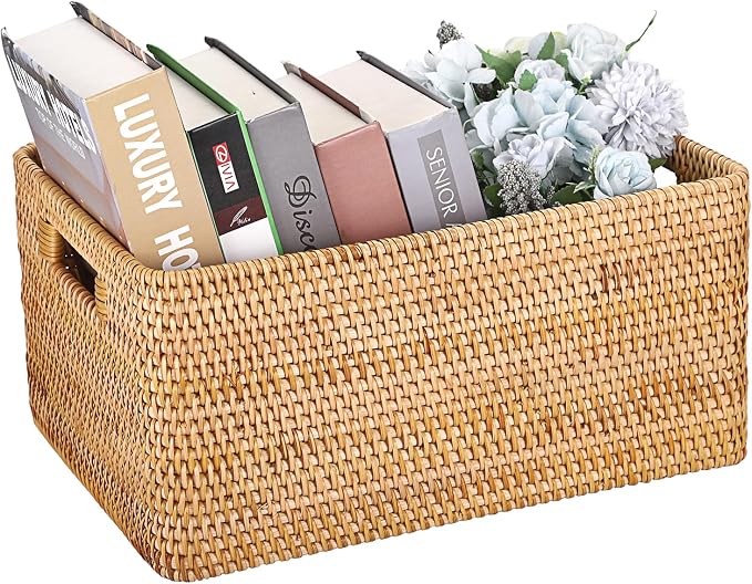 Hipiwe Rattan Wicker Storage Basket for Shelf Organizer, Large 15"x11"x7.1" | Handwoven Decorative Basket Bin with Build-in Handles, Natural Rectanguar Wardrobe Home Organizer - Image 8