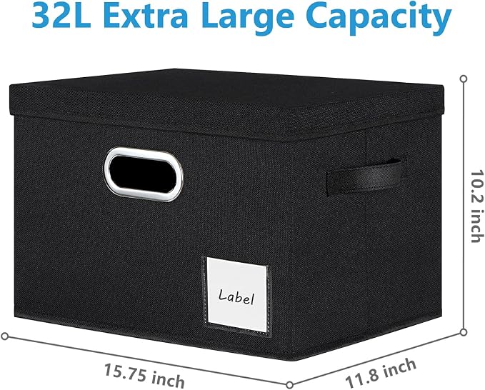 LHZK Extra Large Storage Bins with Lids 6 Pack, Foldable Linen Fabric Storage Boxes with Lids, Sturdy Fabric Storage Bins with Label & 3 Handles for Shelves Bedroom Home Office (Black, Extra Large) - Image 2