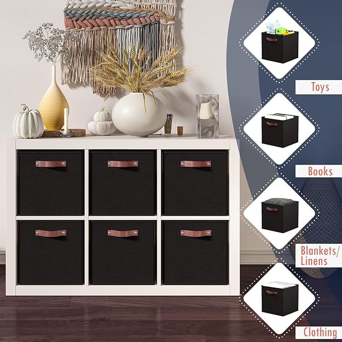 Ornavo Home 13x13 Foldable Fabric Storage Cube Bins, 6 Pack, Black | Collapsible Linen Shelf Basket Organizer; Leather Handles; Ideal Cube Storage For Closet - Image 3